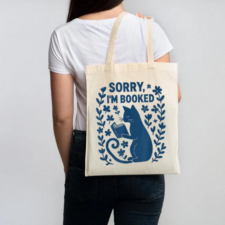 Sorry I'm Booked Cat Reading Book Boho Flowers Vintage Canvas Tote Bag