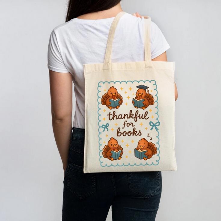 Thankful For Books Turkey Reading Book Lovers Fall Teacher Canvas Tote Bag
