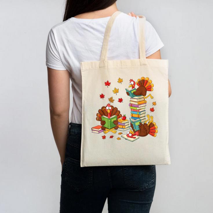 Turkey Reading Books Fall Librarian Book Lover Teacher Kids Canvas Tote Bag