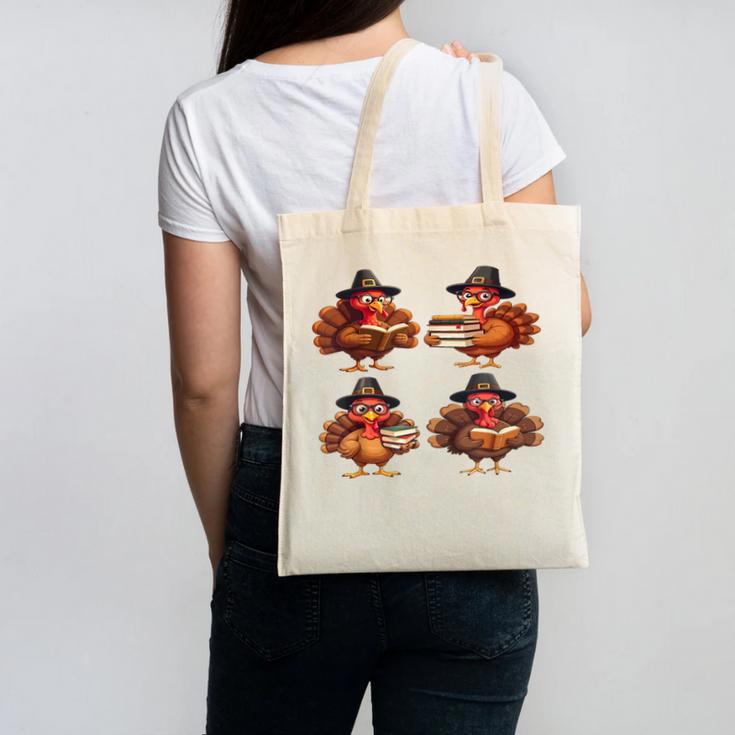 Turkey Reading Books Shirt Thanksgiving Turkey Bookworm Canvas Tote Bag