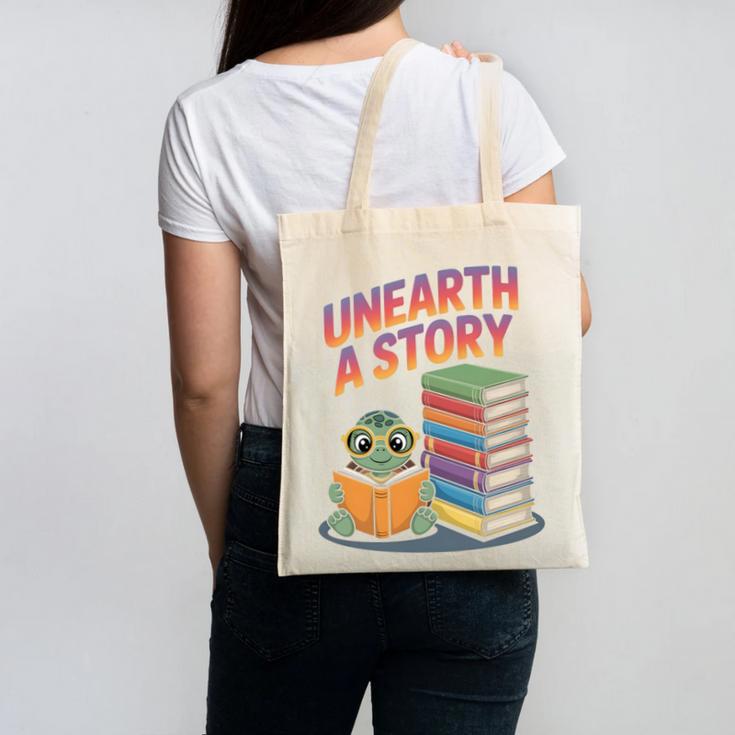 Unearth A Story Cute Turtle Reading Books Librarian Canvas Tote Bag