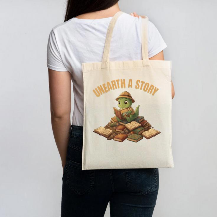 Unearth a Story Dinosaur Reading Books Summer 2026 Canvas Tote Bag