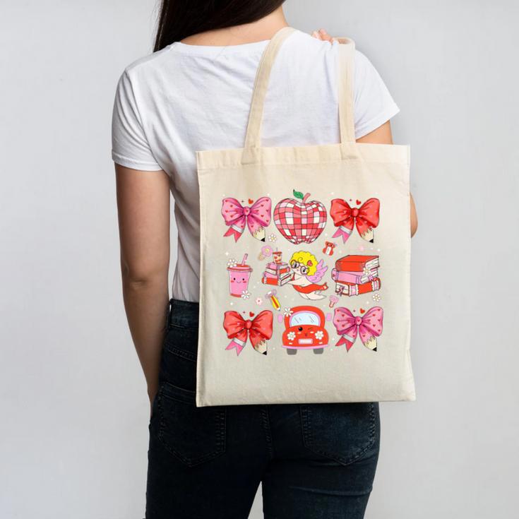 Valentine Cupid Coquette Pink Bow Apple Books Teacher Canvas Tote Bag