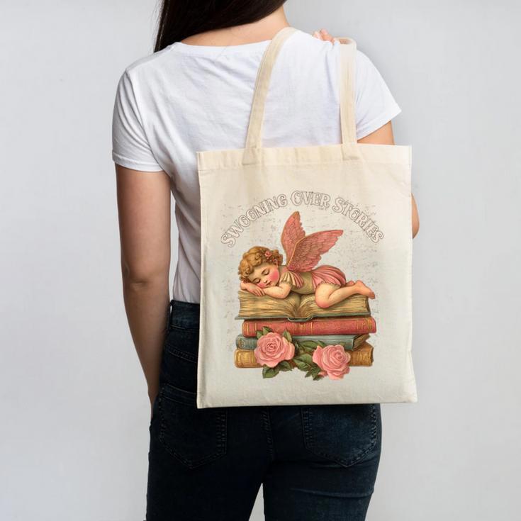 Valentine's Swooning Over Stories Cupid And Book Lover Tee Canvas Tote Bag