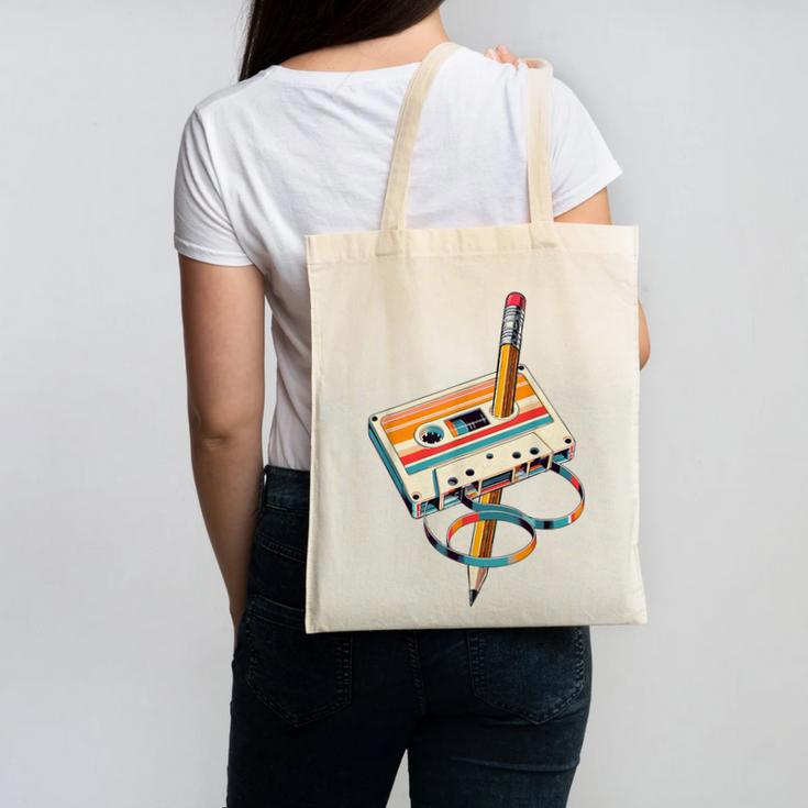 Vintage Cassette Tape And Pencil Nostalgia Party 70s 80s 90s Canvas Tote Bag