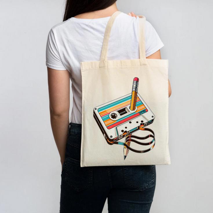 Vintage Cassette Tape And Pencil Nostalgia Party 70s 80s 90s Premium Canvas Tote Bag