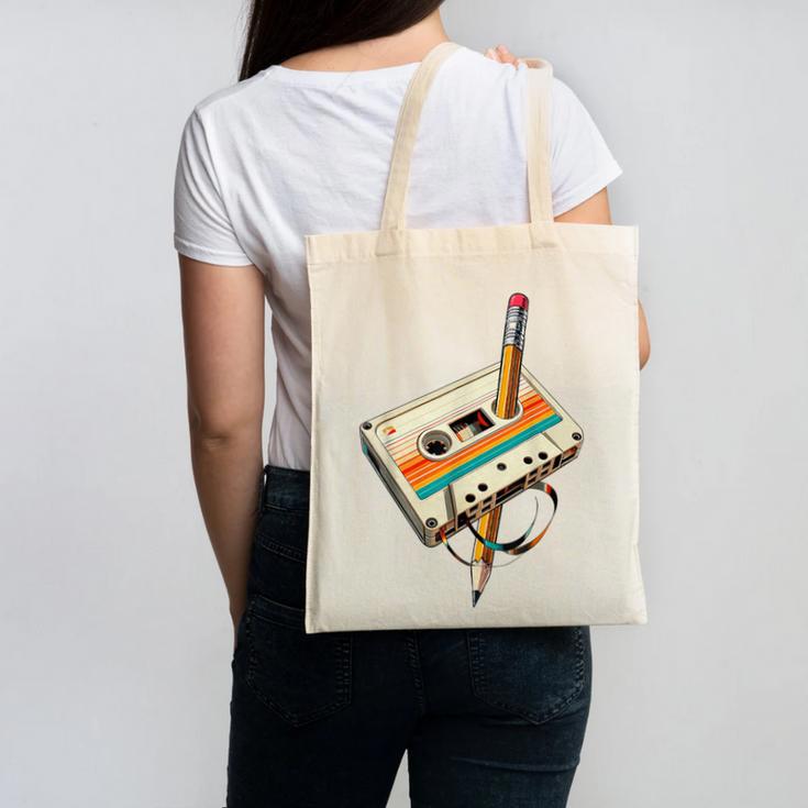 Vintage Pencil Rewind Cassette Tape Nostalgia Party 80s 90s Canvas Tote Bag