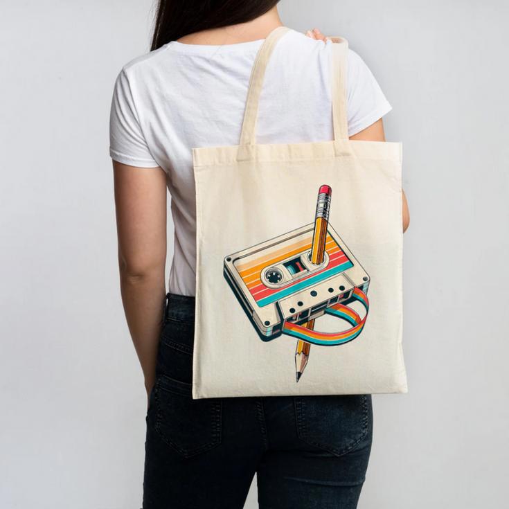 Vintage Pencil Rewind Cassette Tape Nostalgia Party 80s 90s Canvas Tote Bag Vintage Pencil Rewind Cassette Tape Nostalgia Party 80s 90s Canvas Tote Bag