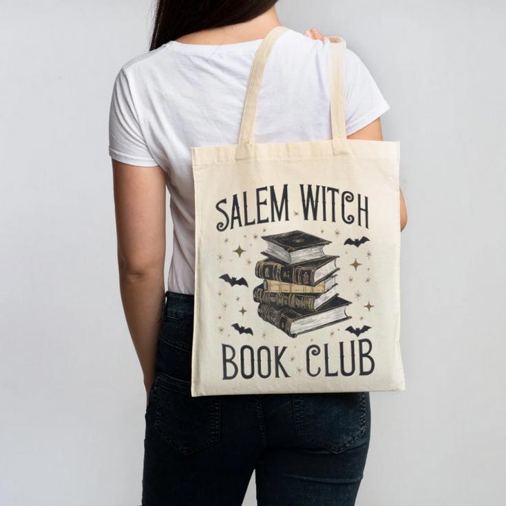 Vintage Salem Book Club Cat Bookish Spooky Halloween Canvas Tote Bag