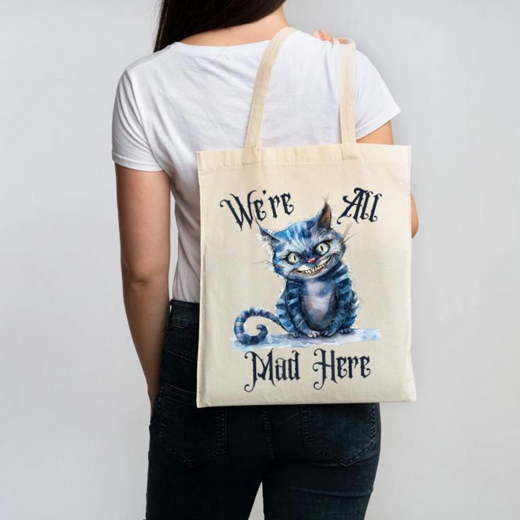 We'Re All Mad Here Cheshire Cat Alice Wonderland Book Kids Canvas Tote Bag