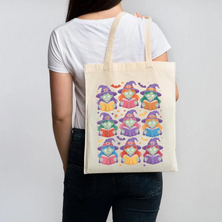 Witches Reading Books Halloween Cute Teens Kids Canvas Tote Bag Witches Reading Books Halloween Cute Teens Kids Canvas Tote Bag