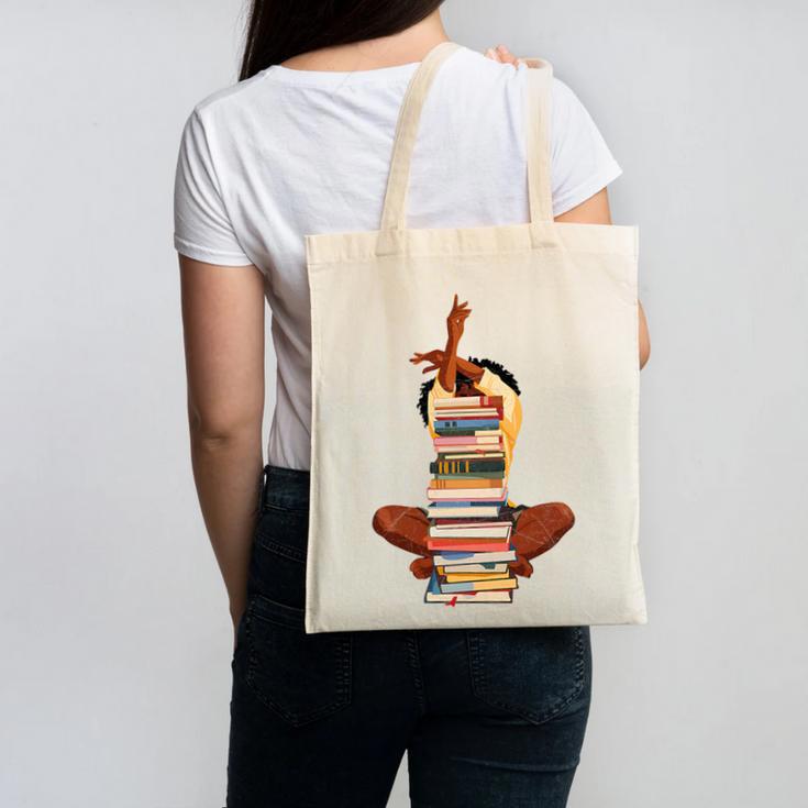 Woman And Books Stack Afro Girl Book Lover Premium Tri-Blend Canvas Tote Bag
