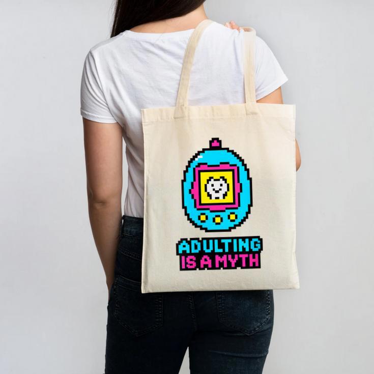 Women's Adulting Is A Myth Retro Pixel Pet Nostalgia Millennials Canvas Tote Bag