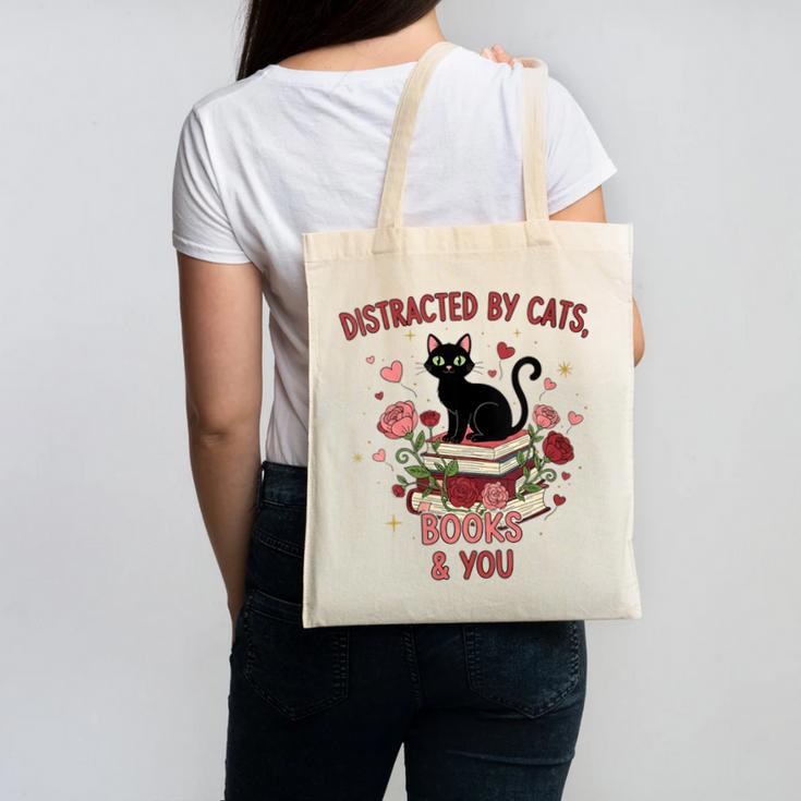 Women's Cat Books Romantic Floral Aesthetic Book Lover Cat Owner Canvas Tote Bag