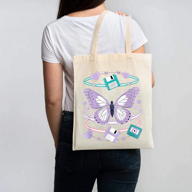 Y2K Butterfly Floppy Disk Art Digital Nostalgia Canvas Tote Bag