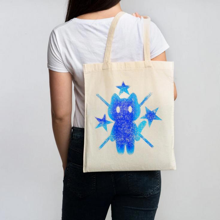 Yk2 Grunge Earthy Blue Cat With Stars Tomboy 90s Nostalgia Premium Tri-Blend Canvas Tote Bag