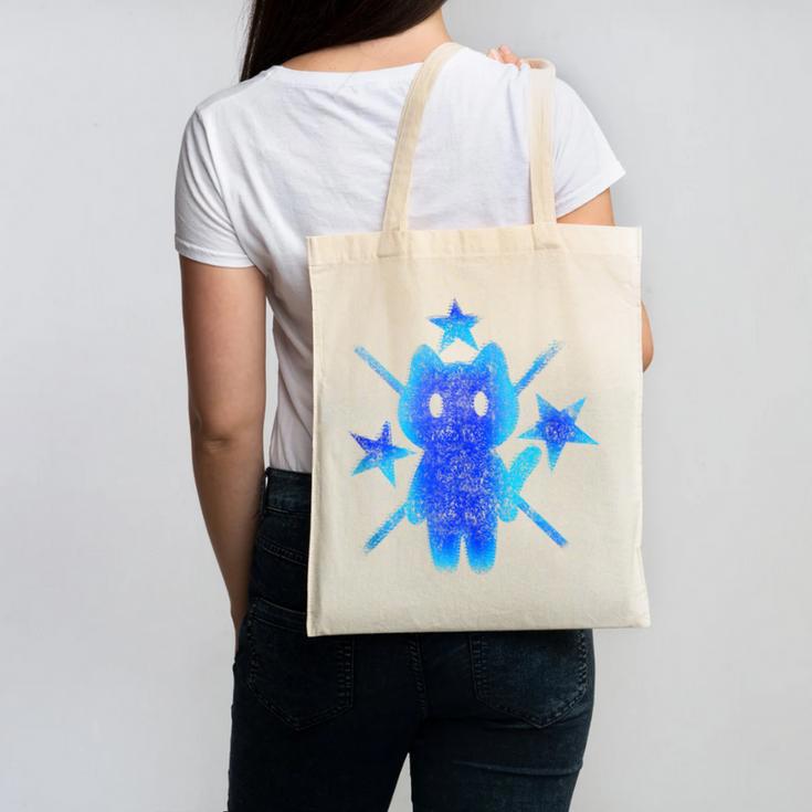 Yk2 Grunge Earthy Blue Cat With Stars Tomboy 90s Nostalgia Canvas Tote Bag