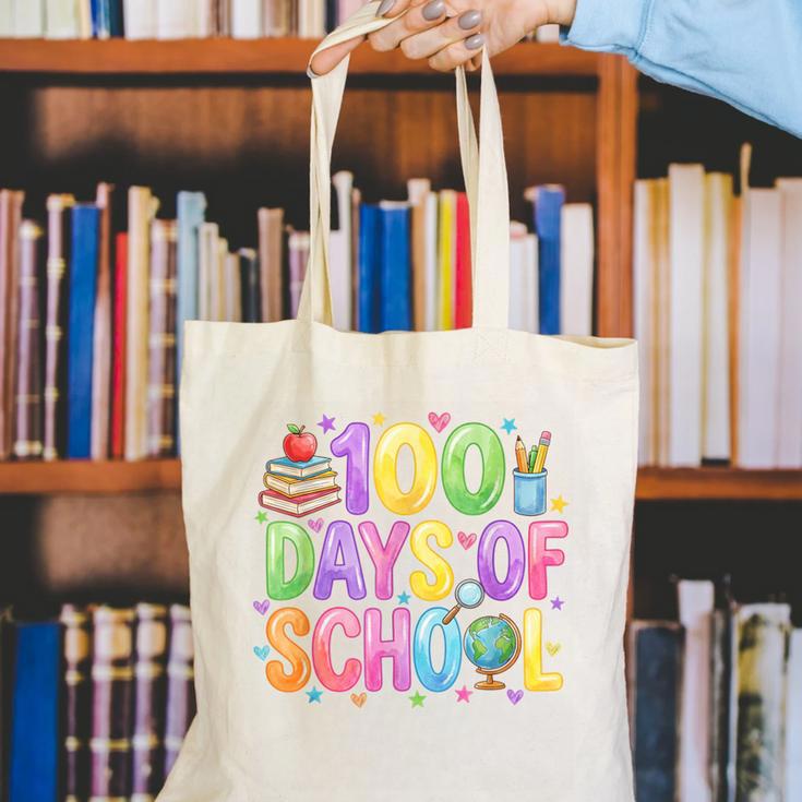 100 Days Of School Book Pencil Teachers Girls Kids 100th Day Canvas Tote Bag
