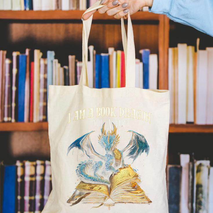 3 Bookish Quote I Am a Book Dragon Not a Worm Reading Book Canvas Tote Bag