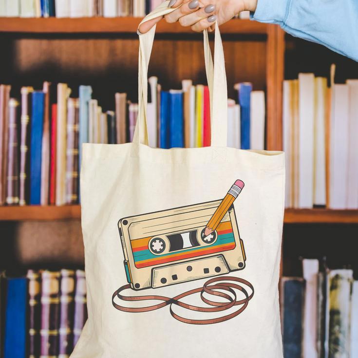 80s 90s Retro Party Costume Nostalgia Cassette Tape Pencil Canvas Tote Bag 80s 90s Retro Party Costume Nostalgia Cassette Tape Pencil Canvas Tote Bag