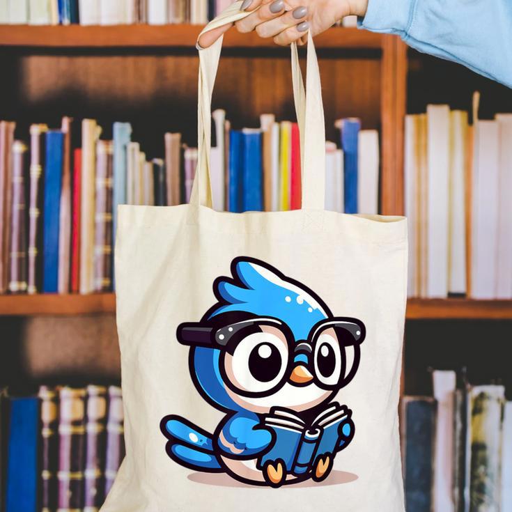 Adorable Book Lover Blue Jay With Reading Glasses Cute Canvas Tote Bag Adorable Book Lover Blue Jay With Reading Glasses Cute Canvas Tote Bag