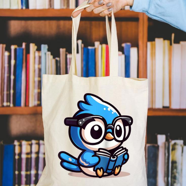 Adorable Book Lover Blue Jay With Reading Glasses Cute Raglan Baseball Tee Canvas Tote Bag