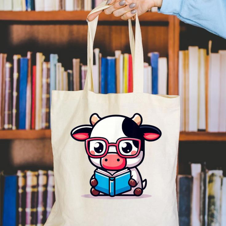 Adorable Book Lover Cow With Reading Glasses Cute Canvas Tote Bag
