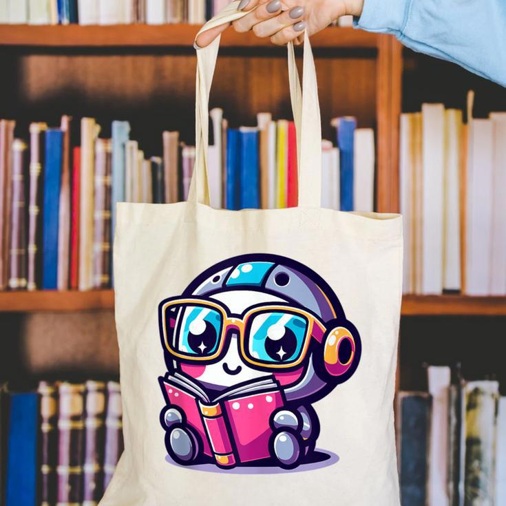Adorable Book Lover Robot With Reading Glasses Cute Canvas Tote Bag
