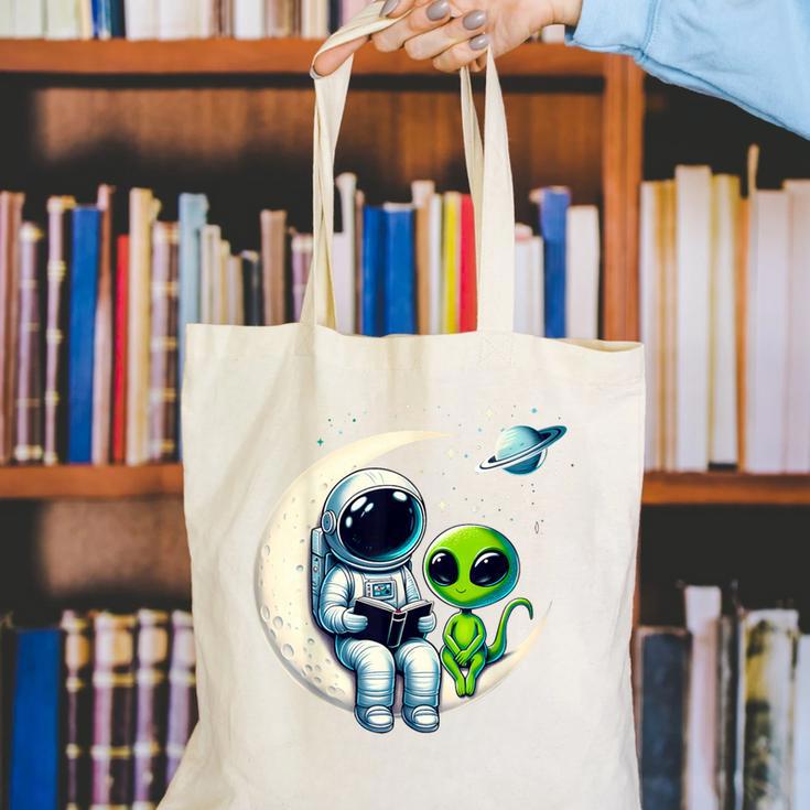 Astronaut Reading Book To Alien Shirt Moon Space Lover Kids Canvas Tote Bag