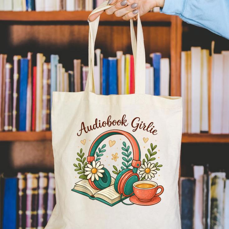 Audiobook Girlie Headphones Book Tea Love Canvas Tote Bag Audiobook Girlie Headphones Book Tea Love Canvas Tote Bag