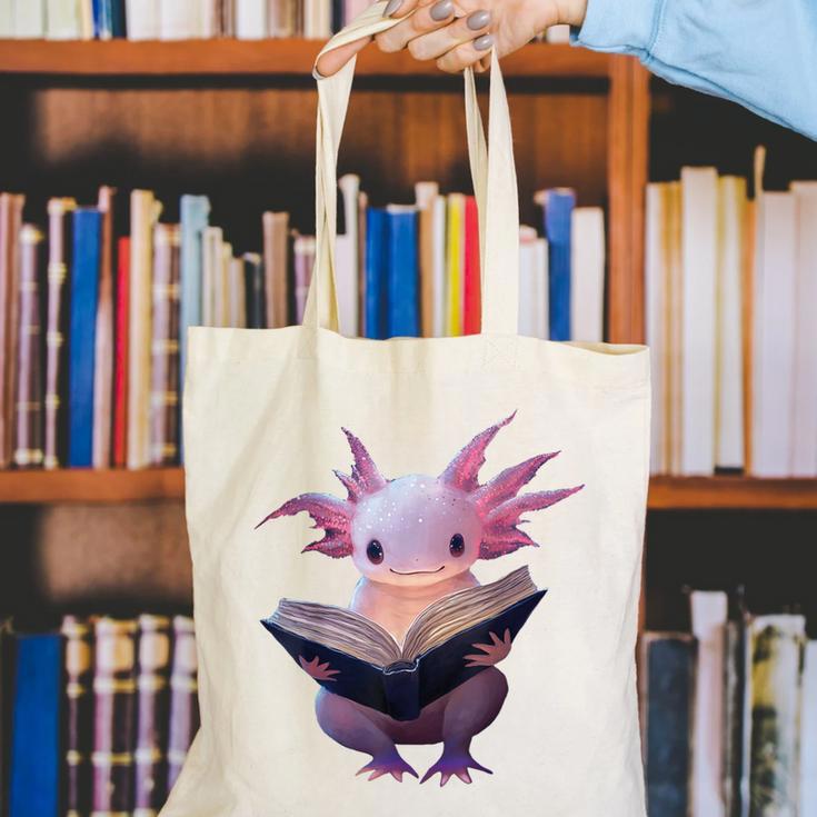 Axolotl Bookworm Reading Book Kawaii Graphic Canvas Tote Bag
