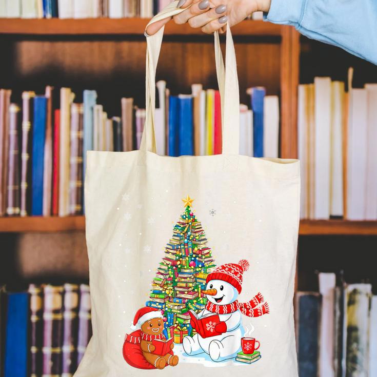 Book Christmas Tree Bookworm Gingerbread Man Snowman Reading Canvas Tote Bag