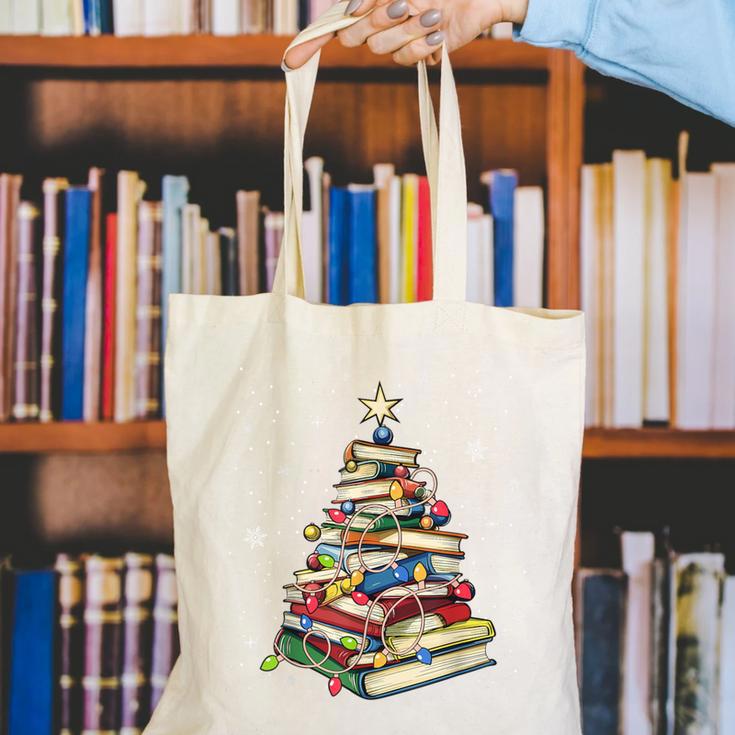 Book Christmas Tree Teacher Book Lover Crew Neck Modern Classic Christmas Small Short Sleeve -Adults -Kids Canvas Tote Bag