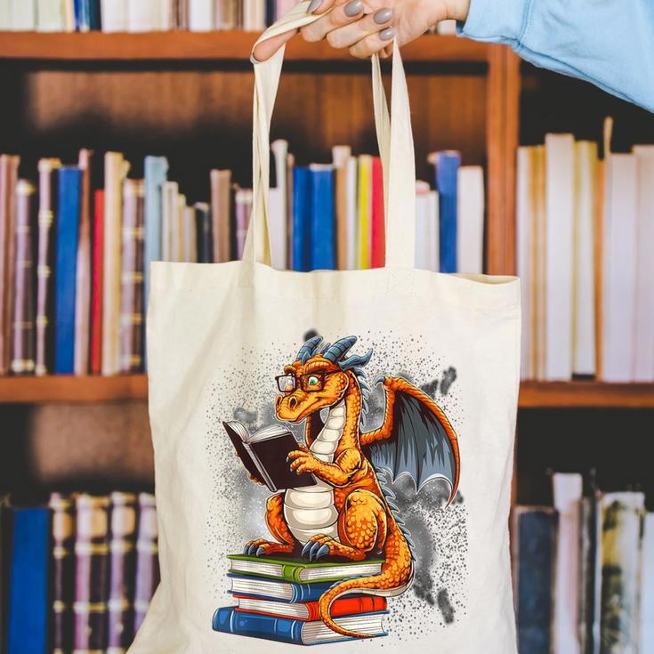 Book Dragon Reading Book Lover Canvas Tote Bag