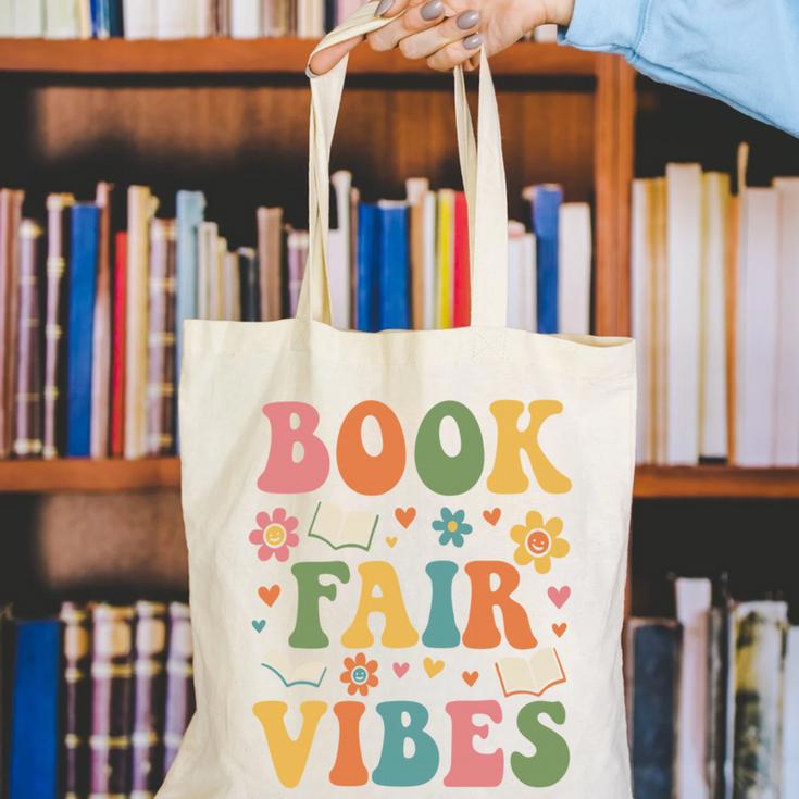 Book Fair Vibes Groovy Retro School Reading Nostalgic Canvas Tote Bag