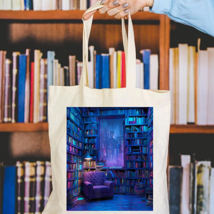 Book Library Bookshelf Armchair Window Pattern Print Canvas Tote Bag