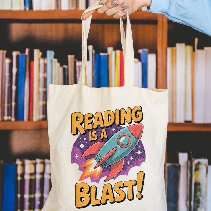 Book Lover Kids And Adults Reading Is a Blast Rocket Ship Canvas Tote Bag