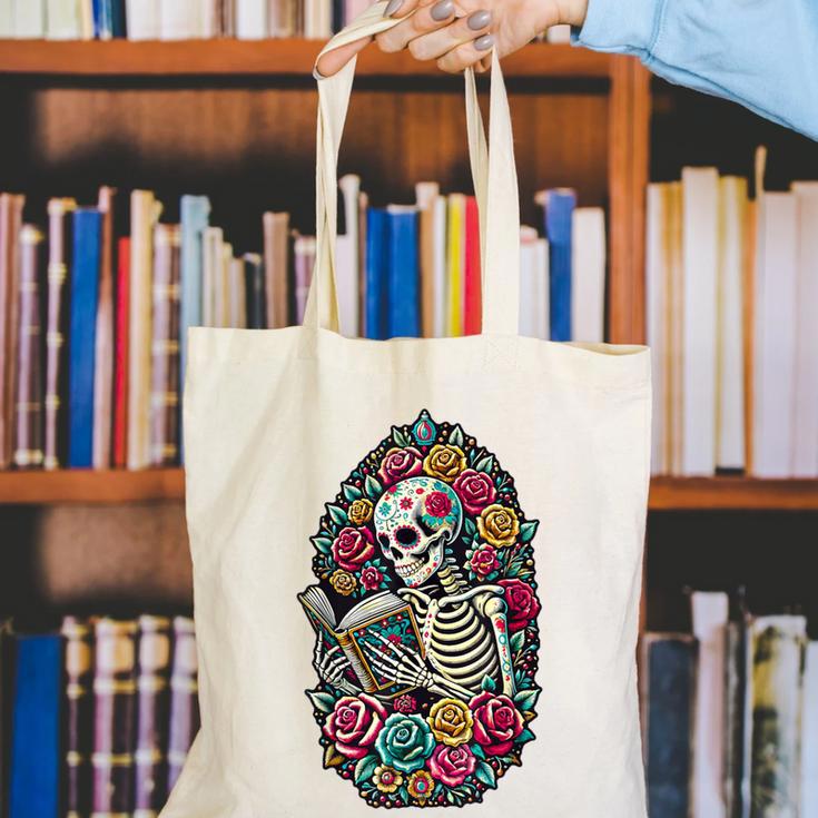Book Lover Skeleton Reading With Dia De Los Muertos Flowers Canvas Tote Bag