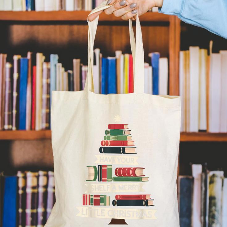 Book Merry Little Christmas Tree Holiday Canvas Tote Bag