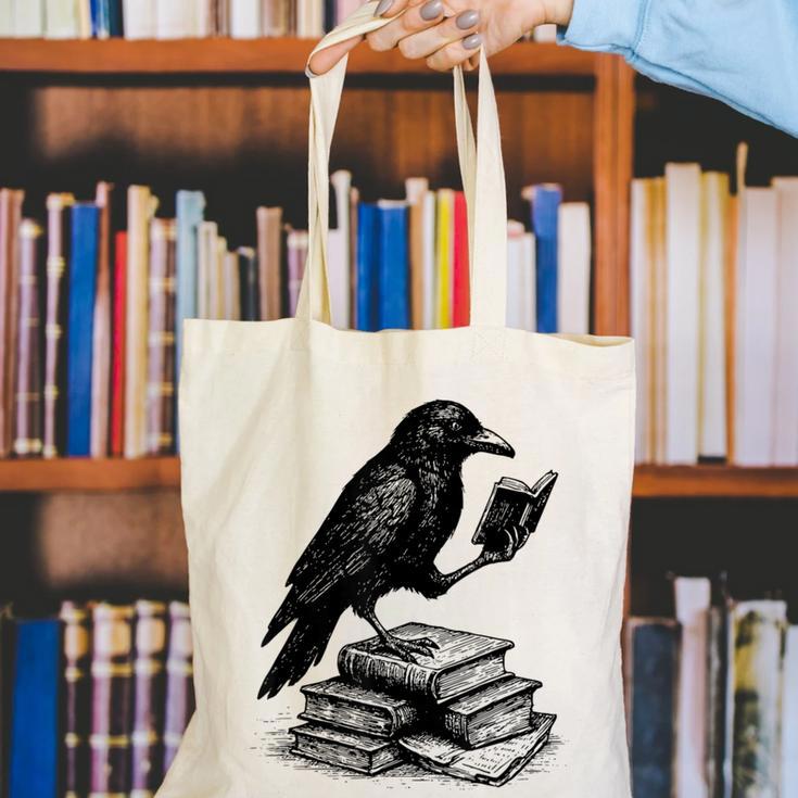 Book Raven Vintage Dark Academia Literature Reading Canvas Tote Bag Book Raven Vintage Dark Academia Literature Reading Canvas Tote Bag