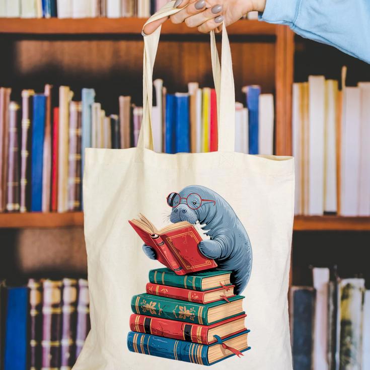 Book Reading Book Reader Manatees Sea Animal Sea Cow Manatee Canvas Tote Bag