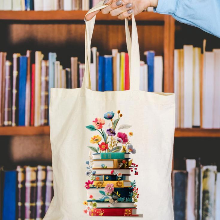 Book Stack With Flowers Reading Lover Bookish Canvas Tote Bag