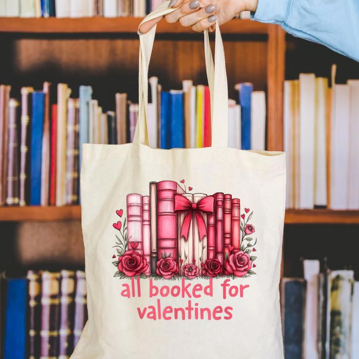 All Booked For Valentines Coquette Bow Book Lover Bookworm Canvas Tote Bag