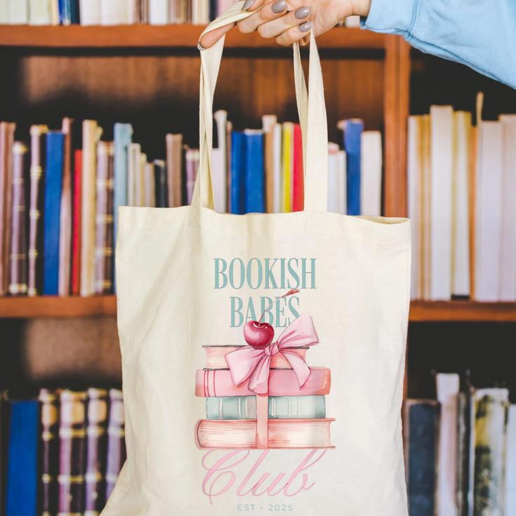 Bookish Babes Club Cute Pink Book Stack With Bow Canvas Tote Bag