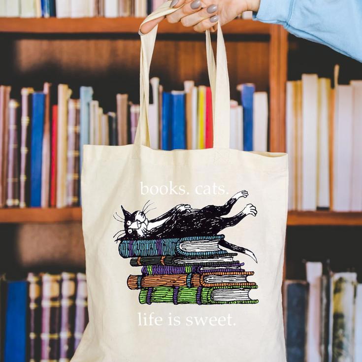 Books Cats Life Is Sweet Cats Books Lover Men Women Canvas Tote Bag Books Cats Life Is Sweet Cats Books Lover Men Women Canvas Tote Bag