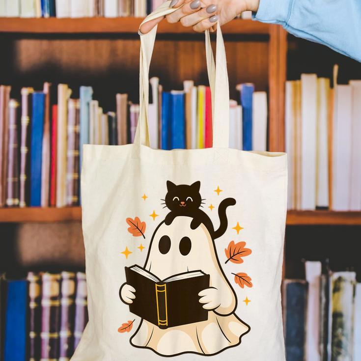 Books Ghost Reading Book Halloween Library Cat Fall Canvas Tote Bag Books Ghost Reading Book Halloween Library Cat Fall Canvas Tote Bag