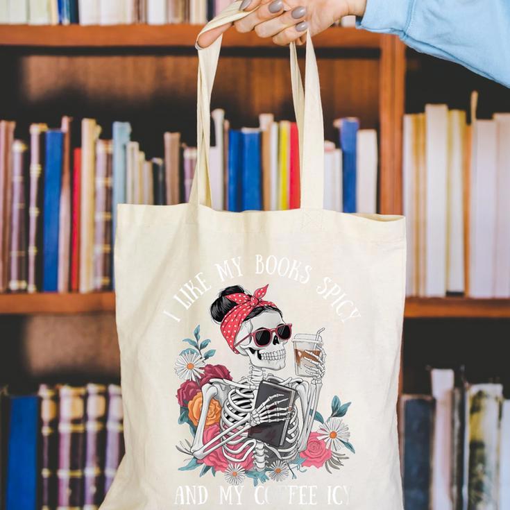 I Like My Books Spicy And My Coffee ICY Skeleton Women Canvas Tote Bag