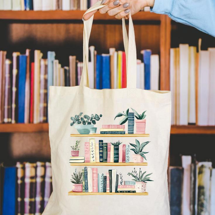 Bookshelves With Books & Plants Premium Canvas Tote Bag Bookshelves With Books & Plants Premium Canvas Tote Bag
