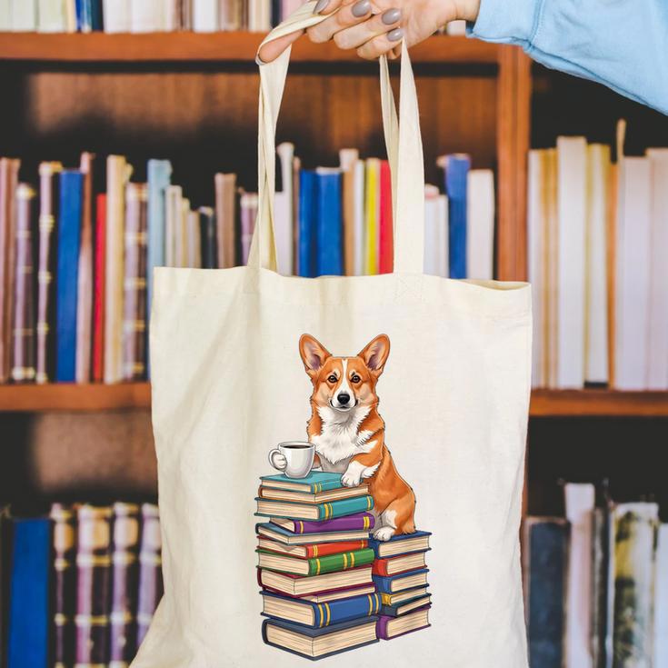 Bookworm Corgi Reading Books Drinking Coffee Dog Lover Canvas Tote Bag
