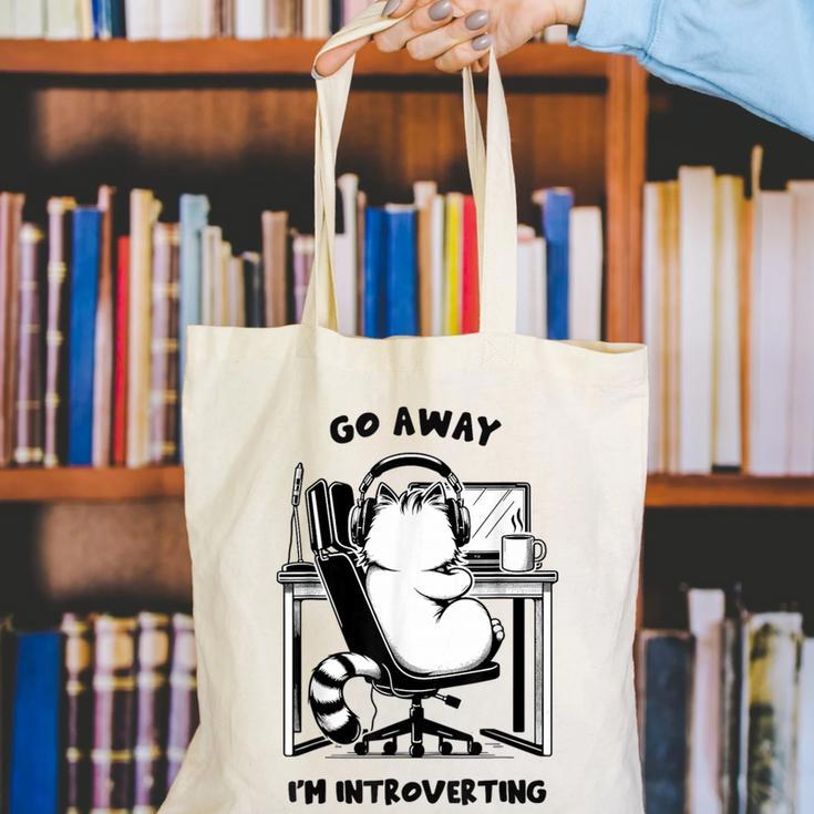 Cat With Coffee On Computer Go Away I'm Introverting Canvas Tote Bag Cat With Coffee On Computer Go Away I'm Introverting Canvas Tote Bag